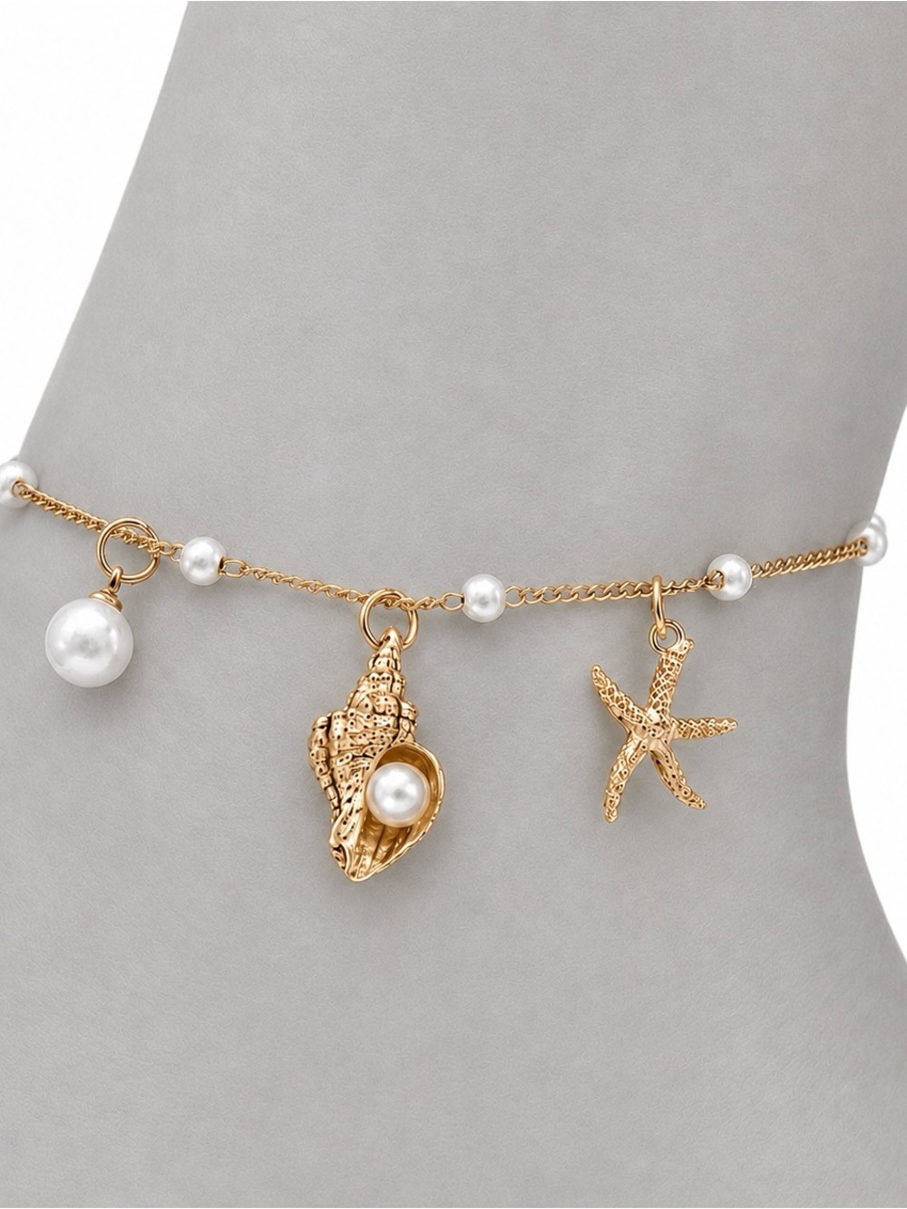 “Pearl in a Triton” Olive Trumpet Spindle Spiral Shell Murex Starfish Sea Anklet